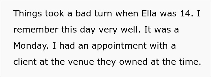 Text excerpt describing a turning point when Ella was 14, recalling a Monday appointment with a client at a venue.
