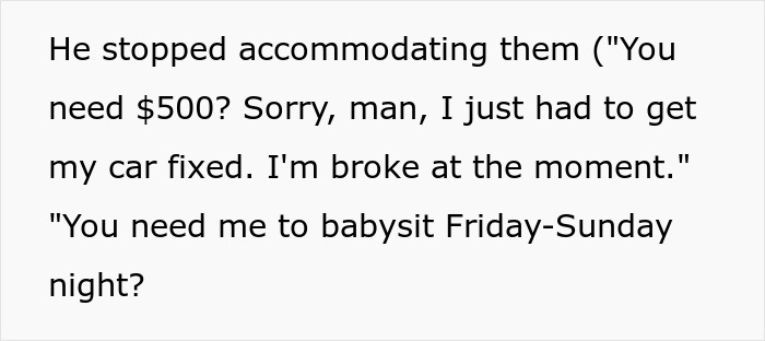 Text excerpt showing a son refusing financial help and babysitting requests from a toxic family before his wedding.