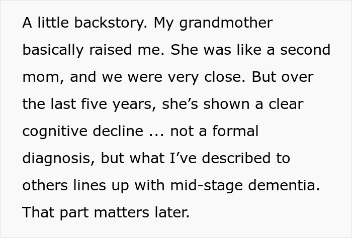 Text explaining postpartum boundaries and cognitive decline in a grandmother with possible mid-stage dementia.