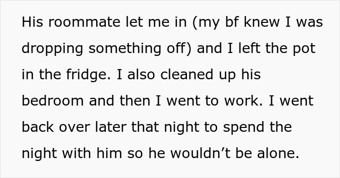 Text describing a woman bringing leftovers to support her boyfriend in mourning, facing criticism over food quality.