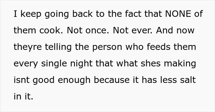 Family Demands Woman Make Separate Meals For Them: "Don't Want To Eat What My Doctor Told Me"