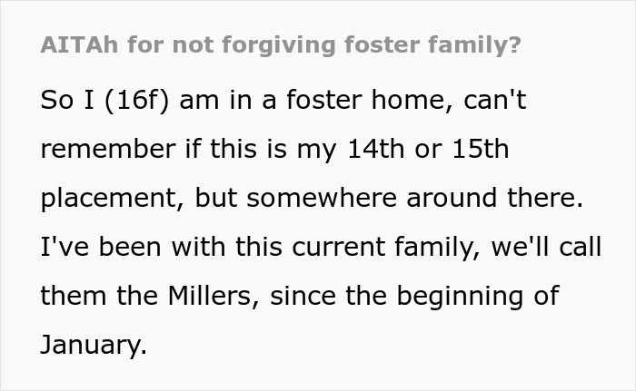 Text post from a foster teen explaining her multiple placements and current stay with a foster family called the Millers.
