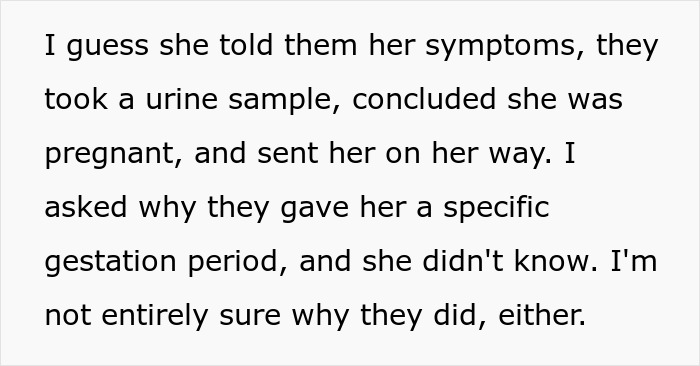 Text explaining a lesbian couple&rsquo;s confusion upon learning one partner is pregnant after a urine test and unknown gestation period.