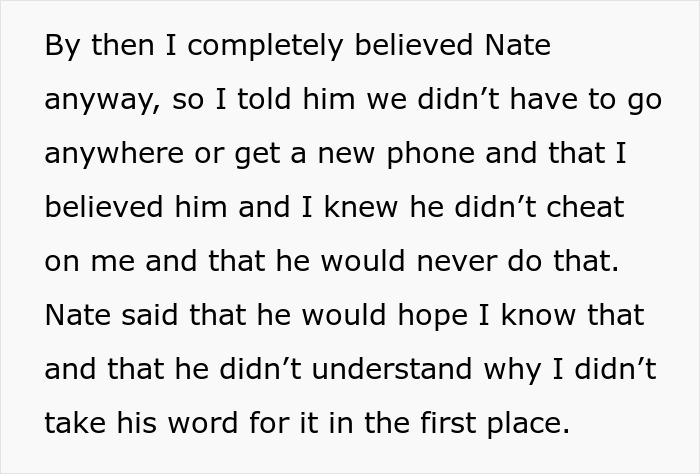 Text excerpt showing a woman expressing belief in her boyfriend denying cheating after a friend&rsquo;s confession.