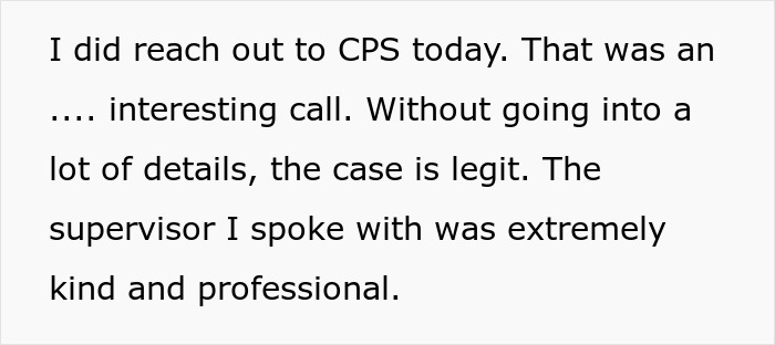 Text excerpt discussing a couple's CPS visit after suspecting wife's step-mom of stealing all their food.