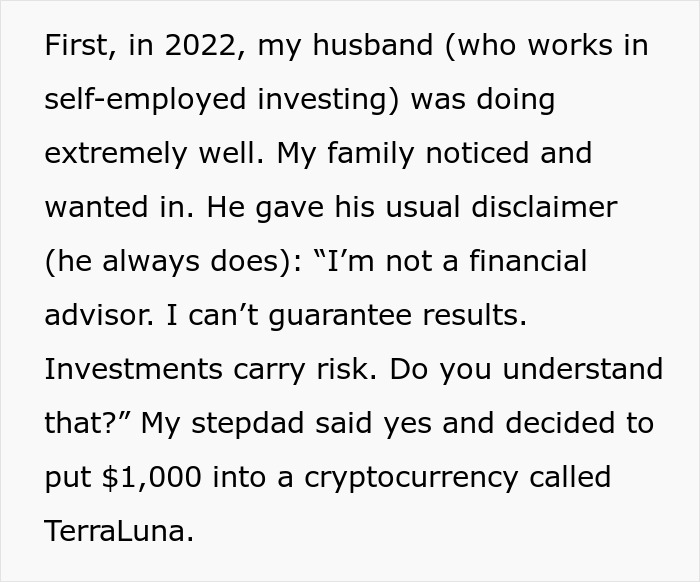 Text explaining a family’s involvement in investing and mentioning postpartum boundaries retaliation by a mother.