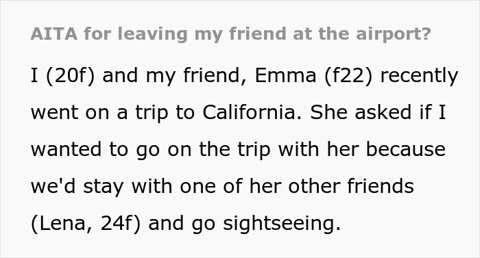 Text excerpt from a story about a woman ditching her friend at the airport due to a missing carry-on and fatigue.