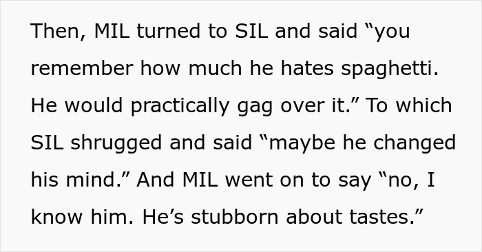 Text excerpt showing a tense conversation where MIL insists she knows husband&rsquo;s pasta dislike better than others.