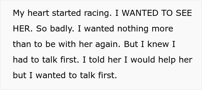 Text on a white background describing emotions in a man date single mom drama about wanting to see her again and talk first.