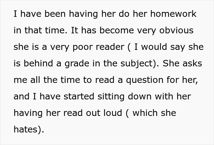 Text excerpt about a grandmother helping her grandchild read aloud due to the child being a poor reader and behind in school.