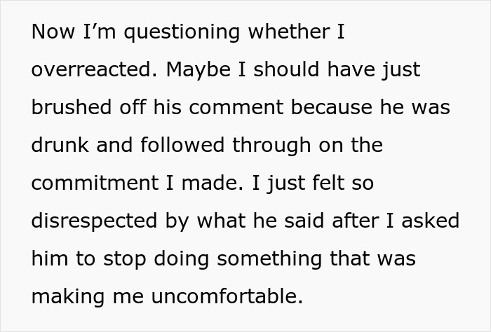 Text displaying a woman questioning if she overreacted after telling her drunk boyfriend to stop acting like a jerk.