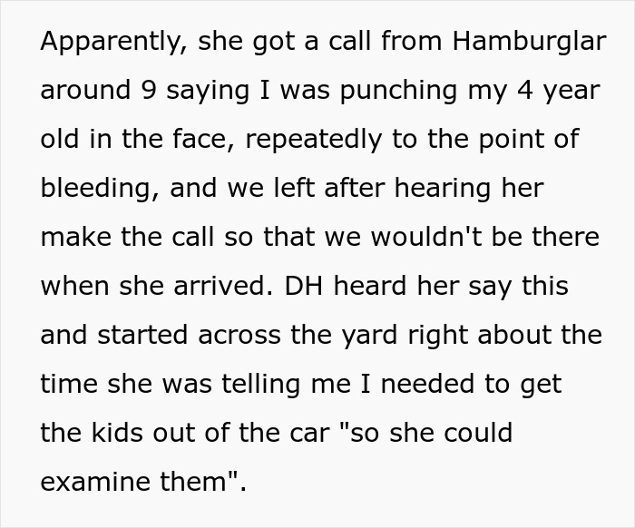 Text describing a couple suspecting wife’s Hamburglar step-mom of stealing their food, prompting a CPS visit.
