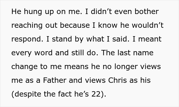 Text excerpt discussing drama over last name and strained father-son relationship after spending time with biological dad.