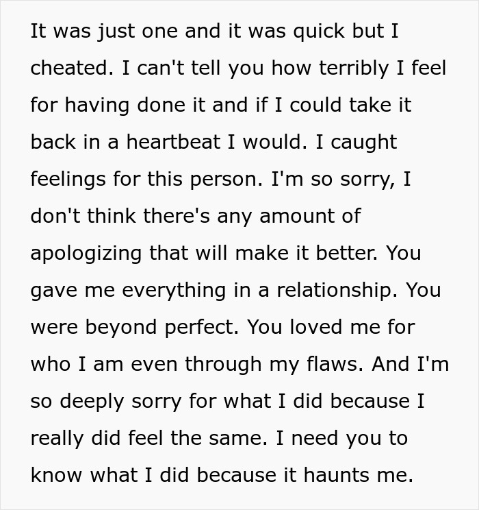Text excerpt revealing a cheater&rsquo;s remorse and apology, expressing deep regret for breaking girlfriend&rsquo;s heart.
