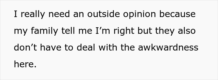 Text on a white background stating a request for an outside opinion about dealing with awkwardness related to a sleepover situation.