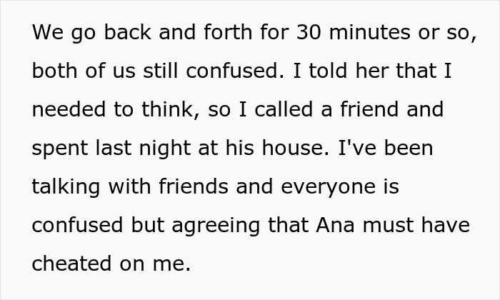 Text excerpt showing a lesbian couple confusion over pregnancy and suspicion of cheating discussed between partners.