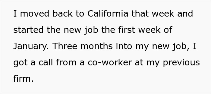 Text excerpt on a white background describing moving back to California and starting a new job in January.