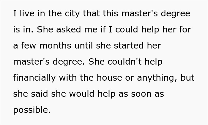 Text excerpt discussing a woman refusing to house her sister due to conflicts over babysitting and cleaning responsibilities.