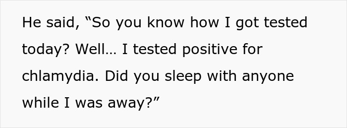 Text message showing a boyfriend revealing he tested positive for chlamydia, questioning cheating in the relationship.