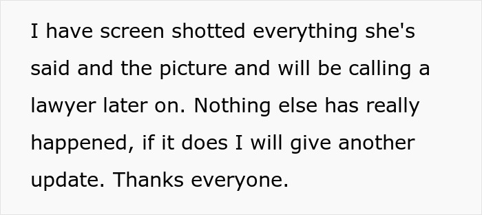 Text message stating plans to call a lawyer after screenshots, related to man spinning a tale about pregnant female bestie.