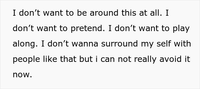 Text expressing discomfort about being around certain people despite difficulty avoiding them, focused on family tension and mistress.