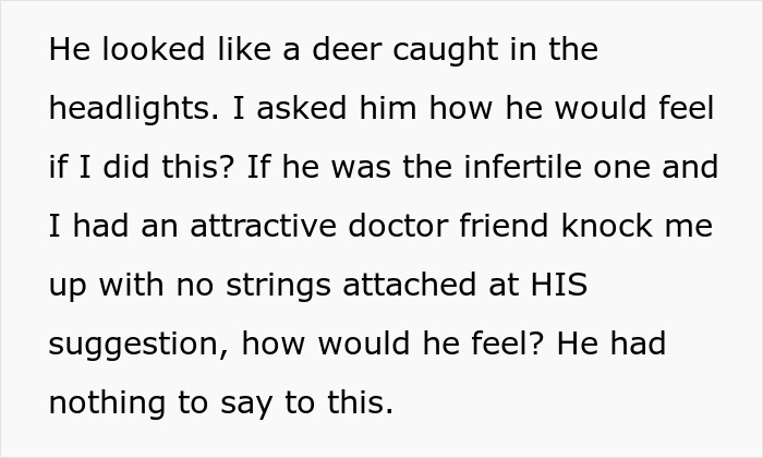 Text excerpt showing an infertile wife’s reaction to her husband’s baby-making plan involving a friend.