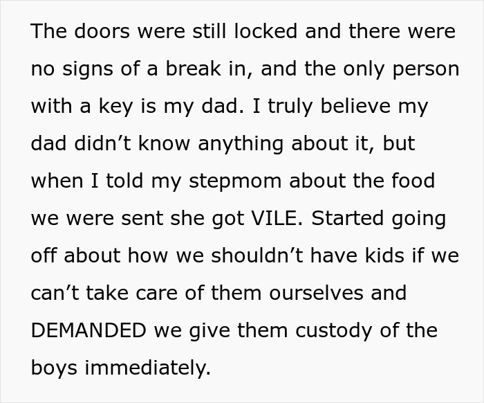 Text describing a couple suspecting wife's step-mom of stealing all their food, sparking concerns of a CPS visit.