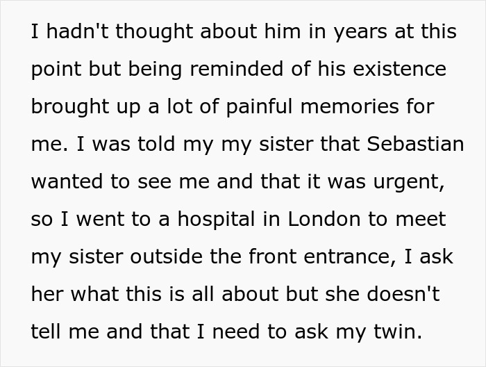 Text excerpt describing painful memories and a hospital meeting about a family kidney request involving a twin brother.
