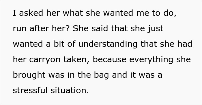 Text excerpt about woman whose carry-on goes missing at airport, explaining stress and lack of understanding from friend.