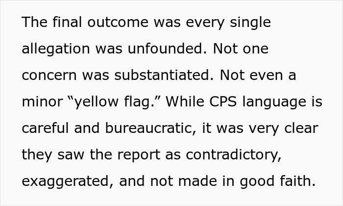 Text excerpt discussing postpartum boundaries and a CPS report finding all allegations unfounded with no concerns substantiated.