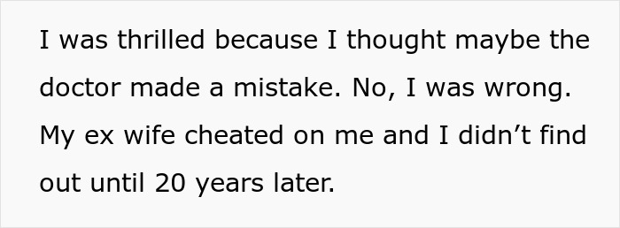 Text excerpt revealing drama over last name and bio dad, discussing betrayal by ex wife discovered after 20 years.