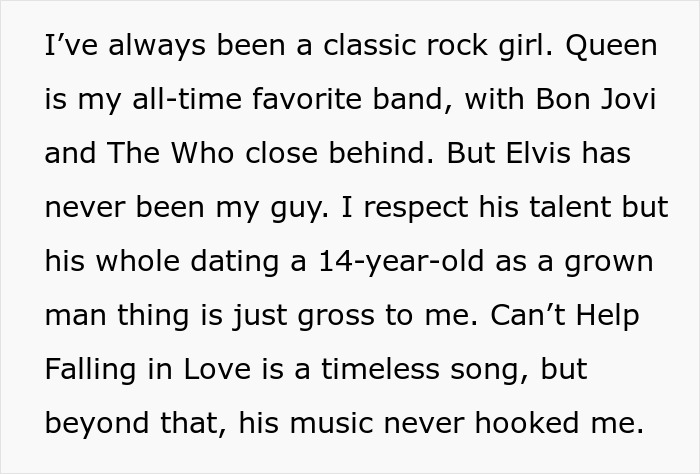 Text excerpt discussing classic rock preferences and discomfort with Elvis Presley’s past, highlighting boundaries and personal feelings postpartum.