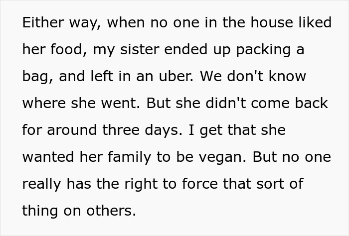 Text excerpt about a woman upset over family food choices, highlighting parenting and meddling issues.