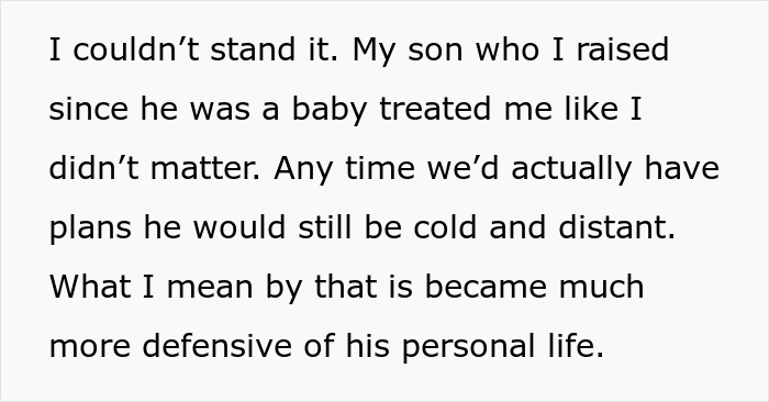 Text excerpt discussing drama over last name and strained relationship with son raised by stepdad who feels less like father.