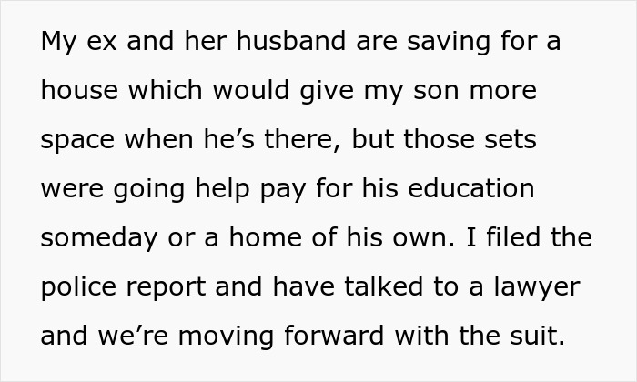 Statement about filing police report and legal action after cheating ex-wife's boyfriend steals expensive Lego sets.