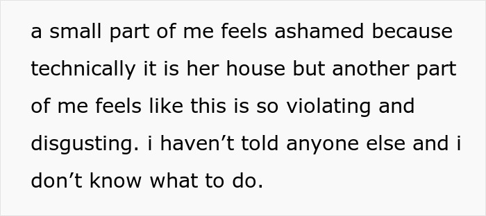 Text expressing feelings of shame and violation from being secretly monitored by a mom using hidden cameras. Text expressing feelings of shame and violation from being secretly monitored by a mom using hidden cameras.