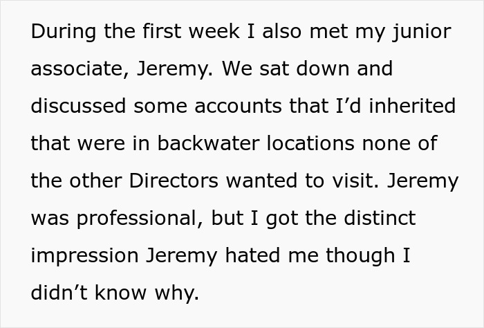 Text excerpt showing a top employee discussing accounts with a junior associate while facing workplace challenges without a bonus.