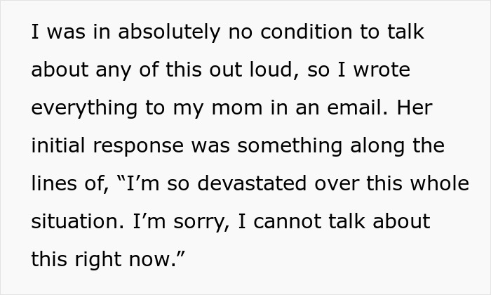 Email text describing postpartum boundaries conflict, showing emotional distress and communication with mother after childbirth.