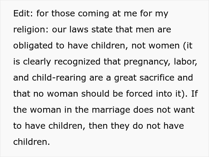Text discussing men’s obligation to have children, pregnancy sacrifices, and women's choice in child-rearing decisions.