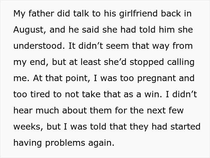 Text passage about dad's girlfriend and daughter discussing pregnancy issues amid baby fever and relationship problems.