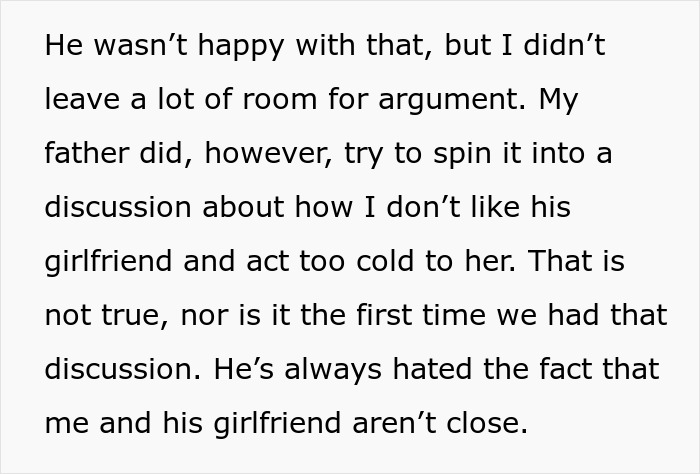 Text excerpt showing a daughter explaining her father's girlfriend has baby fever, leading to tension between them.