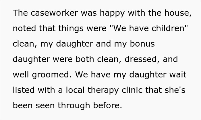 Text excerpt from caseworker report discussing family lifestyle, cleanliness, and therapy for daughter after CPS involvement.