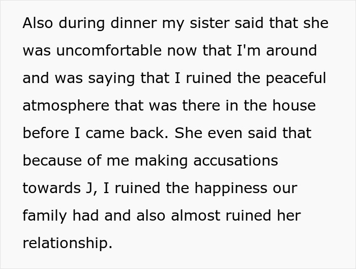 Sister expresses discomfort and blame, saying I ruined family peace and her relationship in boyfriend confession younger sister trouble.