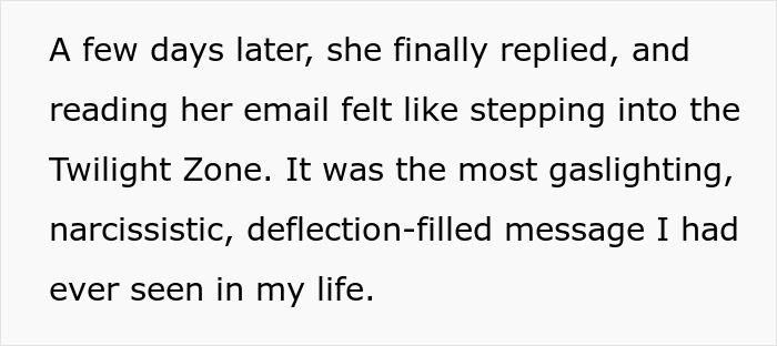 Email text describing a gaslighting and narcissistic reply, relating to mother postpartum boundaries conflict.