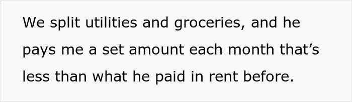 Text excerpt about splitting utilities and groceries, with man paying less than previous rent despite debt issues over inherited house deed.