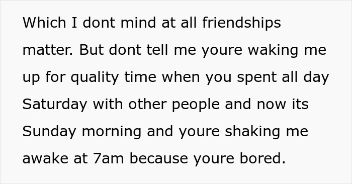 Text about waking up boyfriend early on Sunday morning because that&rsquo;s what normal couples do, describing relationship habits.