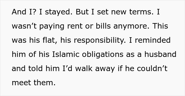 Text excerpt showing a woman setting new terms after marriage and exposing her husband's secret responsibility.