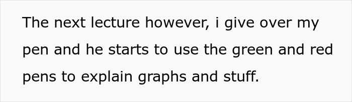 Text excerpt showing a student explaining how a professor used green and red pens to explain graphs, highlighting special needs.