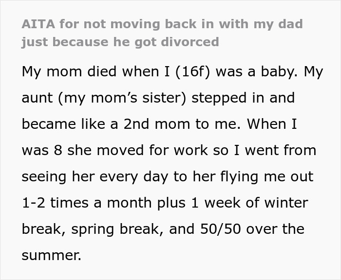 Text post discussing a daughter explaining why she won't move back in with dad after he chose new family over her.