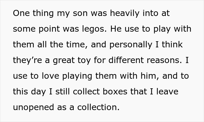 Text about collecting and playing with Lego sets, mentioning keeping unopened boxes as a collection of expensive Lego toys.